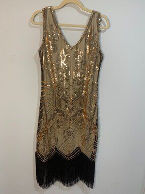Gold Sequin Flapper Dress Fringe Hem Art Deco Gatsby Cocktail Dress Size L
